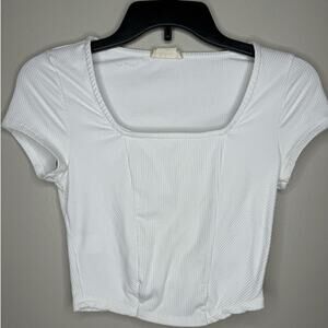 Altar’d State White Ribbed Square Neck Cropped Basic Tee Shirt Size Small